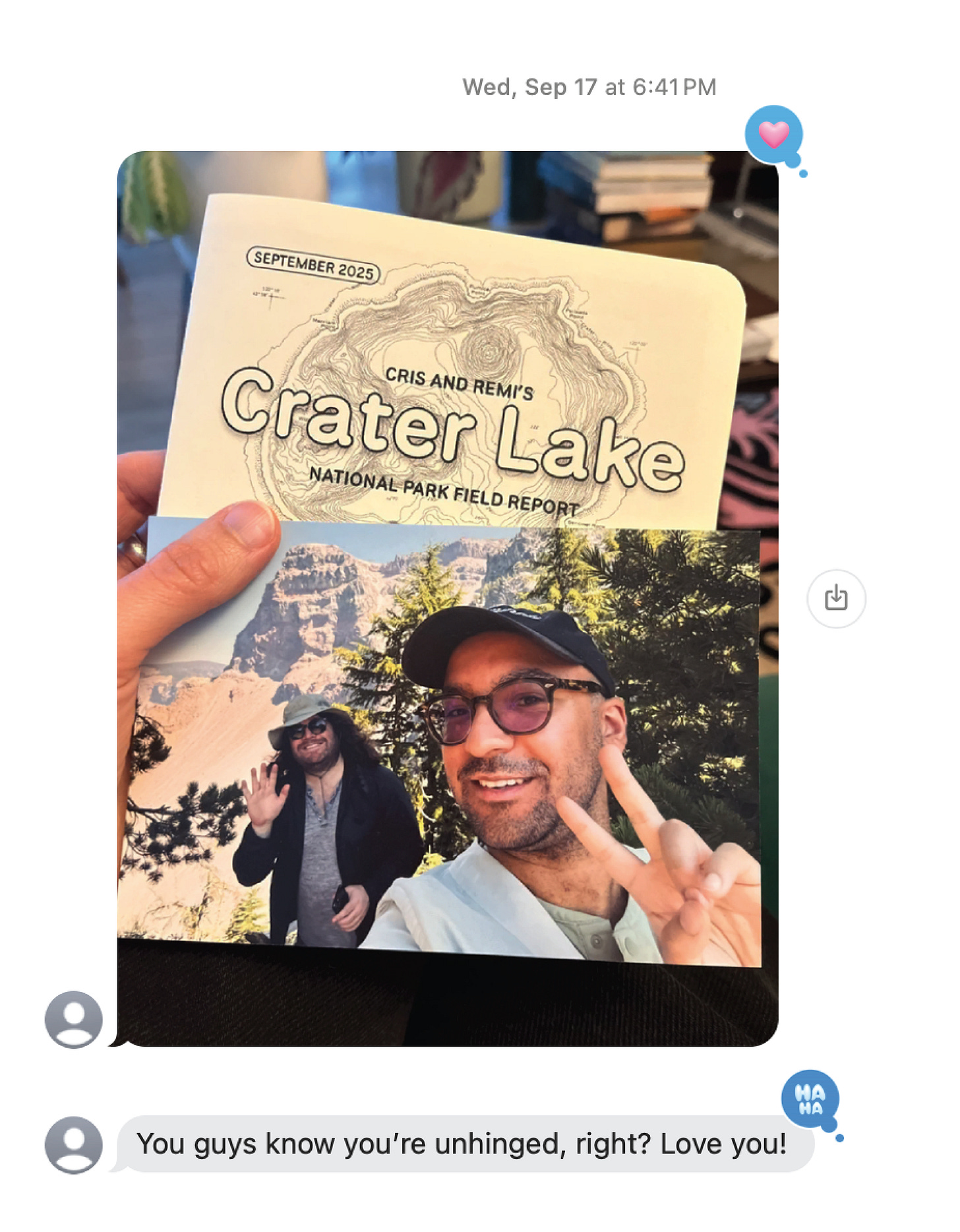 Text message from recipient of mail; "you guys know you're unhinged, right? Love you!"