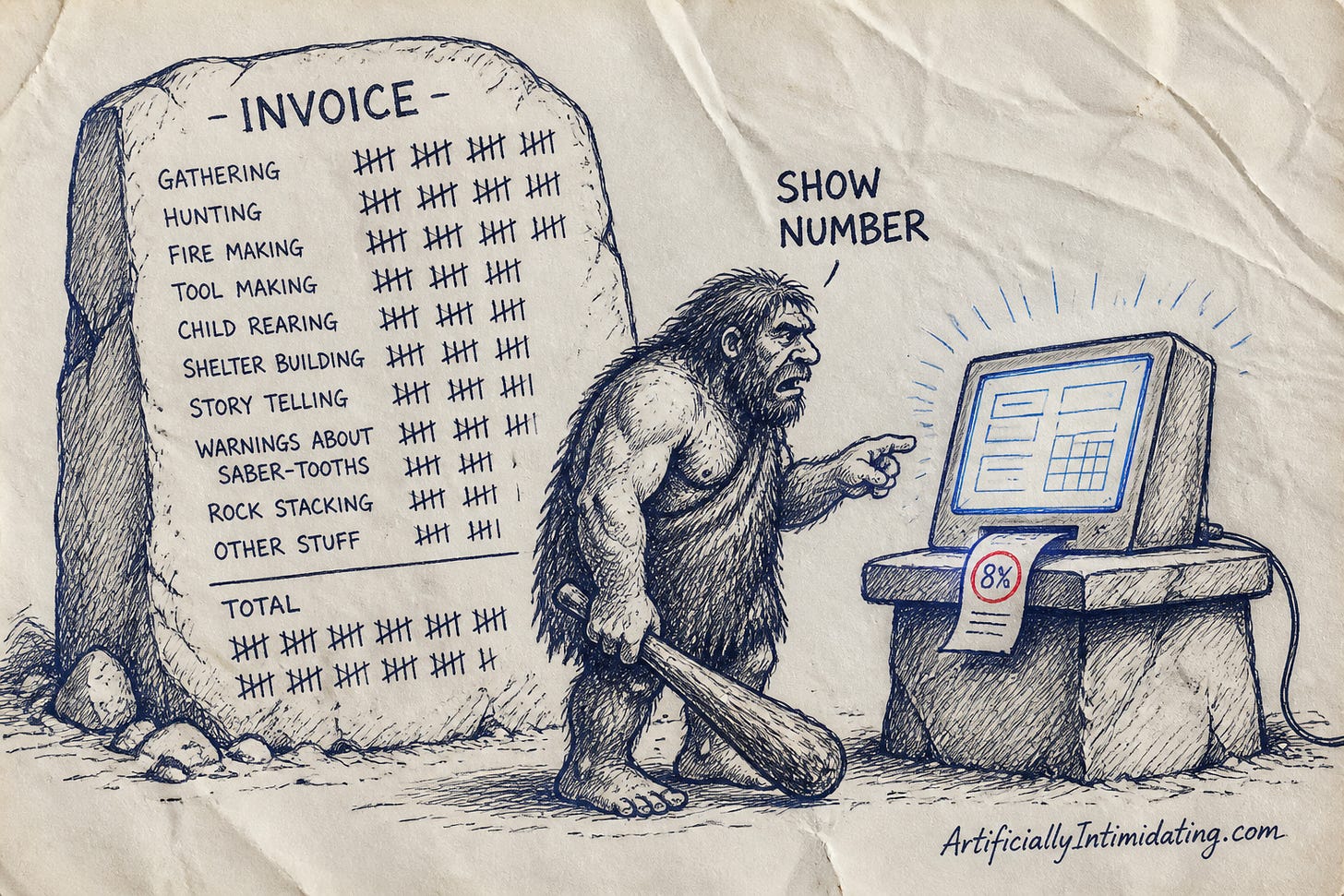 Editorial cartoon: a caveman grunts SHOW NUMBER at a glowing terminal printing a tiny 8% receipt, beside a giant stone invoice covered in tally marks