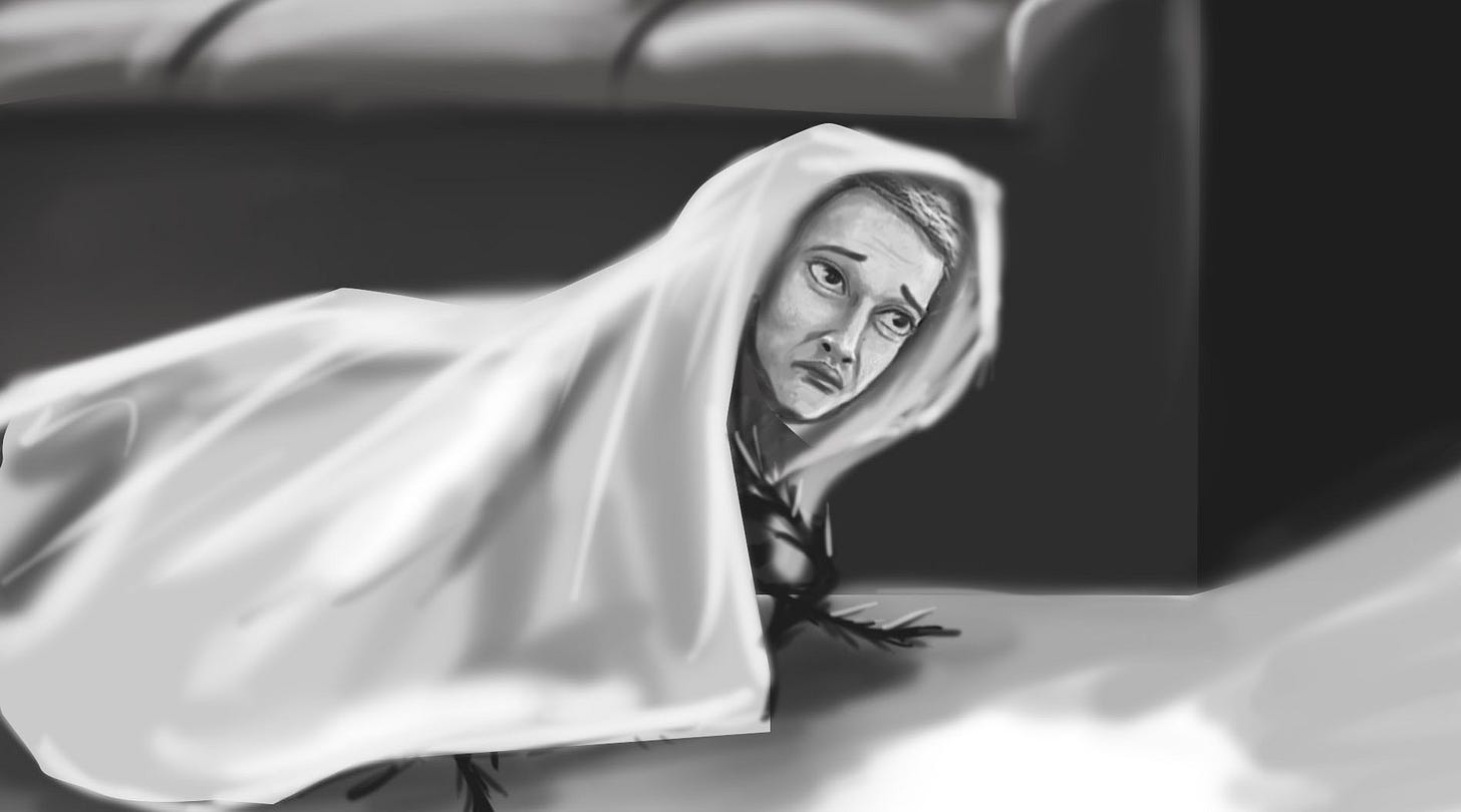 Gregor tries to cover himself with clothes to hide from his family.