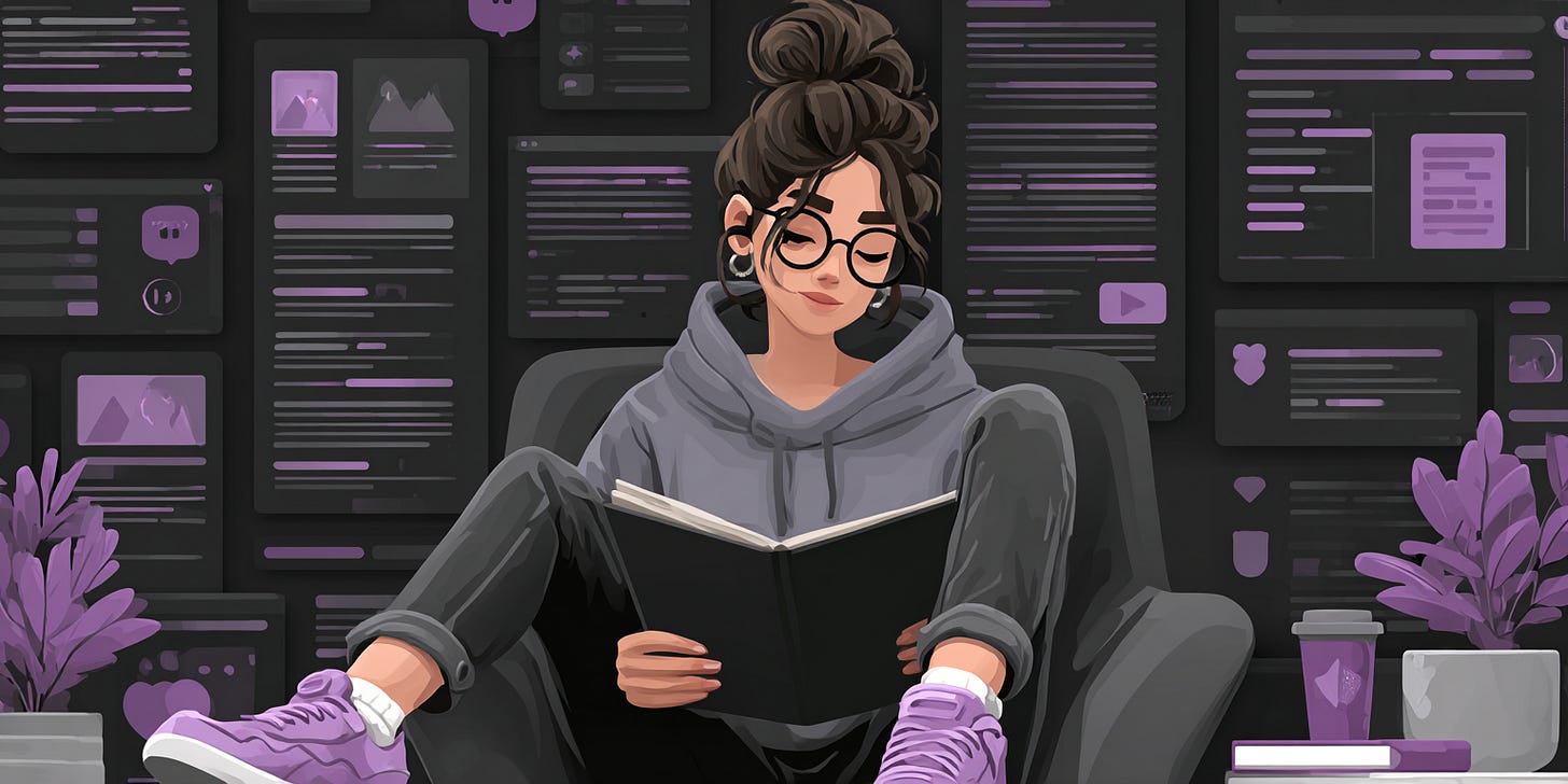 Woman with glasses and a bun reading a book in a dark room surrounded by purple-toned UI screens and potted plants.