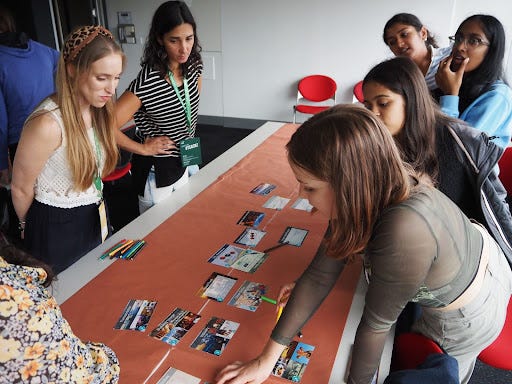 An grid of four pictures showing us all at the workshops, with groups of young people around tables and cards