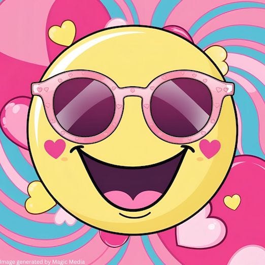 AI generated illustration of a yellow smiley face wearing rose-colored glasses
