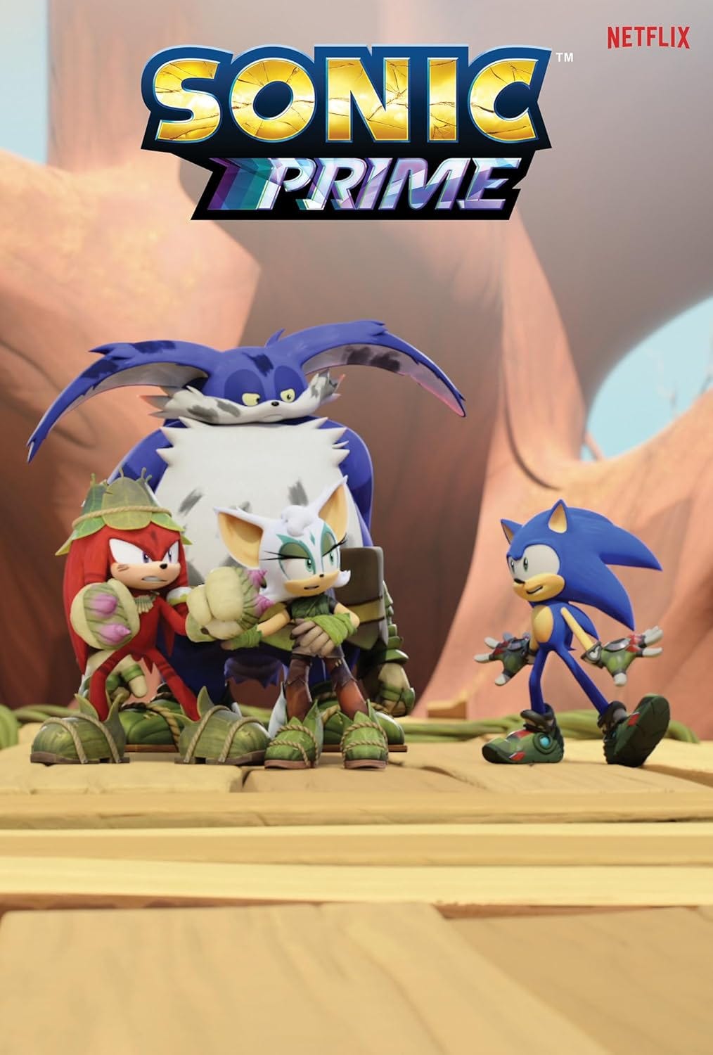 Cover image for Sonic Prime Vol. 2 on Netflix, featuring Sonic facing Knuckles, Rouge, and Big the Cat, all dressed in tribal-like armor with green leaf details. They stand on a wooden platform in a canyon-like environment, with the Sonic Prime logo at the top and "Netflix" branding in the corner. Cover image for Sonic Prime Vol. 2 on Netflix, featuring Sonic facing Knuckles, Rouge, and Big the Cat, all dressed in tribal-like armor with green leaf details. They stand on a wooden platform in a canyon-like environment, with the Sonic Prime logo at the top and "Netflix" branding in the corner.
