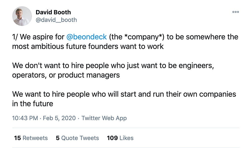 A tweet graphic stating a company should hire future founders, not just operators, highlighting the value of ambitious early hires.