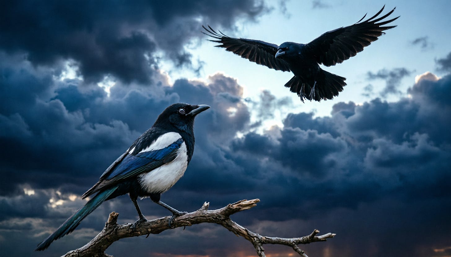 A magpie perched on a bare branch in the foreground looks to the left while a larger raven spreads its wings in full flight behind it, against a stormy blue-grey sky. Photograph.