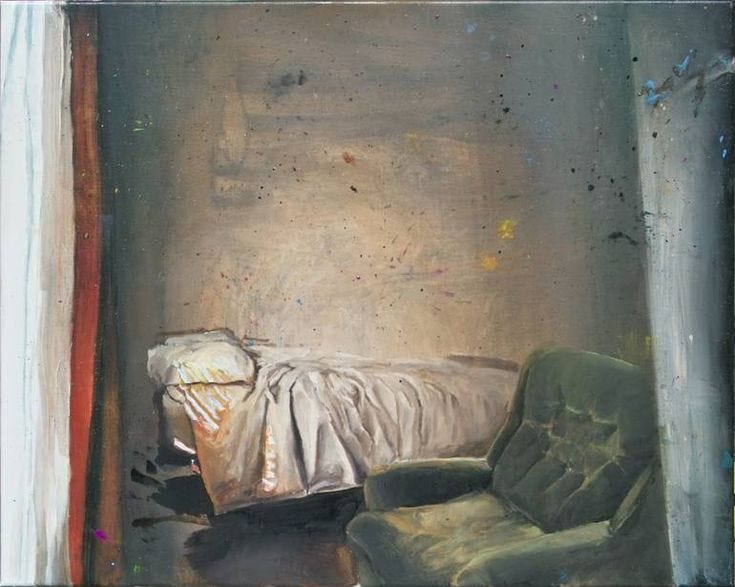 This may contain: a painting of a bed and chair in a room