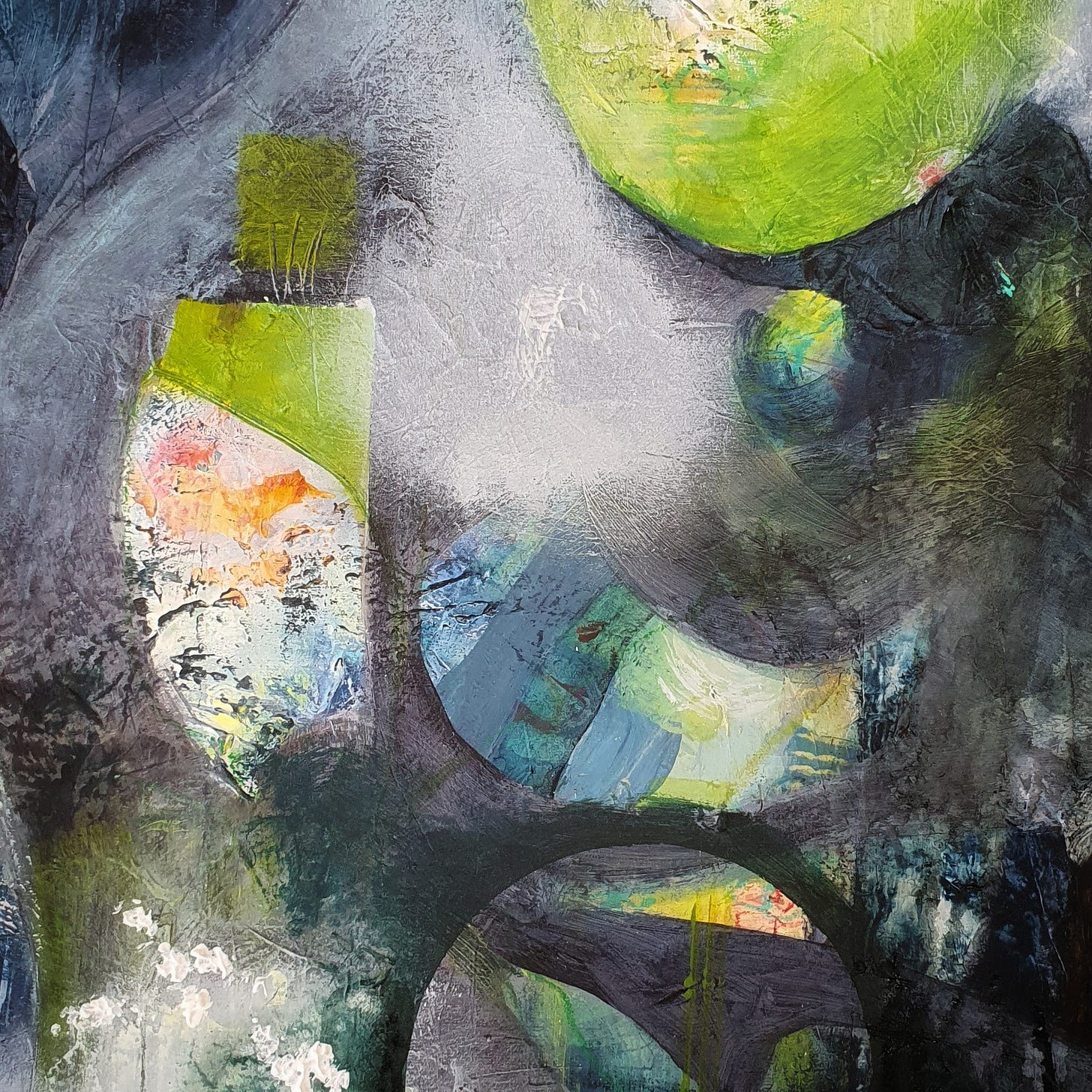 A work in progress of an abstract painting in dark tones and bright greens and orange and blue. spring is rising and so is susan mills mojo