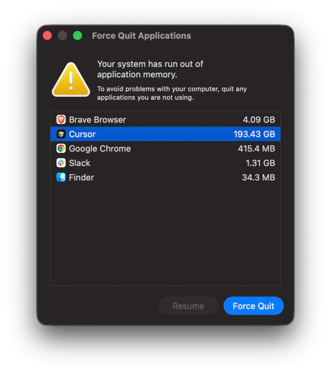 Force Quit showing Cursor at 193 GB