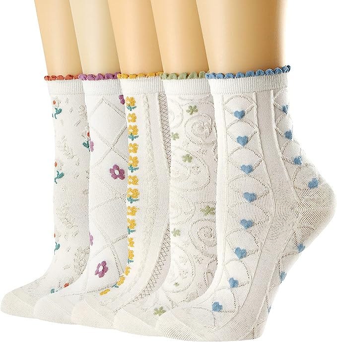 albagu Womens Crew Socks Casual Cotton Cute Socks Fun Novelty Girl Thin Dress Floral Ankle Socks 5 Pack