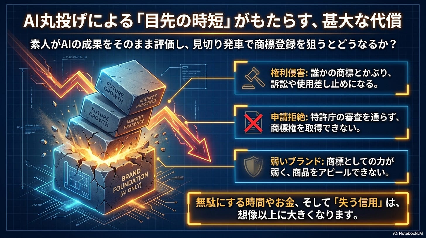「AI丸投げによる『目先の時短』がもたらす、甚大な代償」と題した図解。サブタイトル「素人がAIの成果をそのまま評価し、見切り発車で商標登録を狙うとどうなるか?」。左側に「BRAND FOUNDATION (AI ONLY)」と書かれたヒビの入った土台ブロックの上に「FUTURE GROWTH」「MARKET PRESENCE」のブロックが不安定に積まれ、崩れ落ちる様子。下降する稲妻のような矢印が、急落を表現。右側に3つのリスクを列挙。「権利侵害:誰かの商標とかぶり、訴訟や使用差し止めになる」(裁判ハンマーのアイコン)、「申請拒絶:特許庁の審査を通らず、商標権を取得できない」(×印のアイコン)、「弱いブランド:商標としての力が弱く、商品をアピールできない」(盾のアイコン)。下部にオレンジ枠の警告メッセージ「無駄にする時間やお金、そして『失う信用』は、想像以上に大きくなります」。NotebookLMで作成。 「AI丸投げによる『目先の時短』がもたらす、甚大な代償」と題した図解。サブタイトル「素人がAIの成果をそのまま評価し、見切り発車で商標登録を狙うとどうなるか?」。左側に「BRAND FOUNDATION (AI ONLY)」と書かれたヒビの入った土台ブロックの上に「FUTURE GROWTH」「MARKET PRESENCE」のブロックが不安定に積まれ、崩れ落ちる様子。下降する稲妻のような矢印が、急落を表現。右側に3つのリスクを列挙。「権利侵害:誰かの商標とかぶり、訴訟や使用差し止めになる」(裁判ハンマーのアイコン)、「申請拒絶:特許庁の審査を通らず、商標権を取得できない」(×印のアイコン)、「弱いブランド:商標としての力が弱く、商品をアピールできない」(盾のアイコン)。下部にオレンジ枠の警告メッセージ「無駄にする時間やお金、そして『失う信用』は、想像以上に大きくなります」。NotebookLMで作成。
