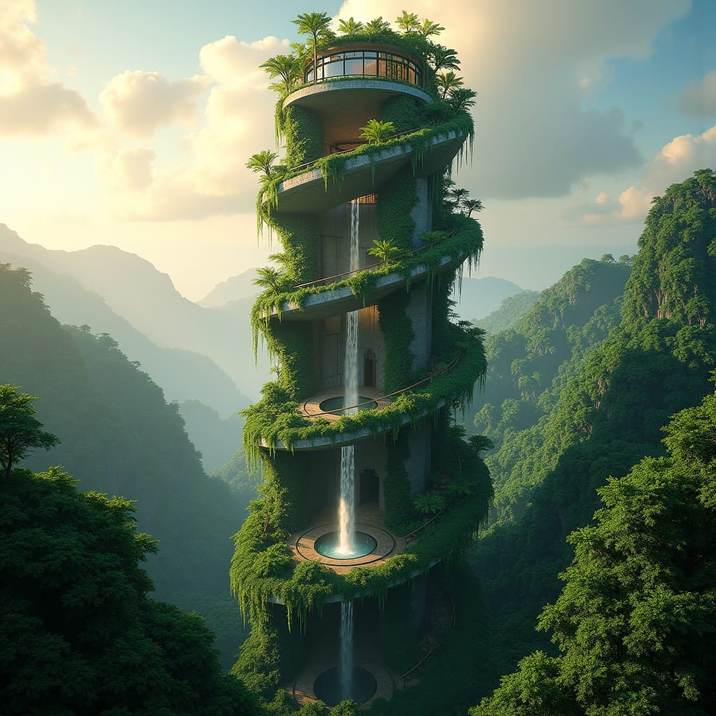A twisting, vertical tower rising from the rainforest, spiraling upward through Jamaica’s lush tropical landscape. 