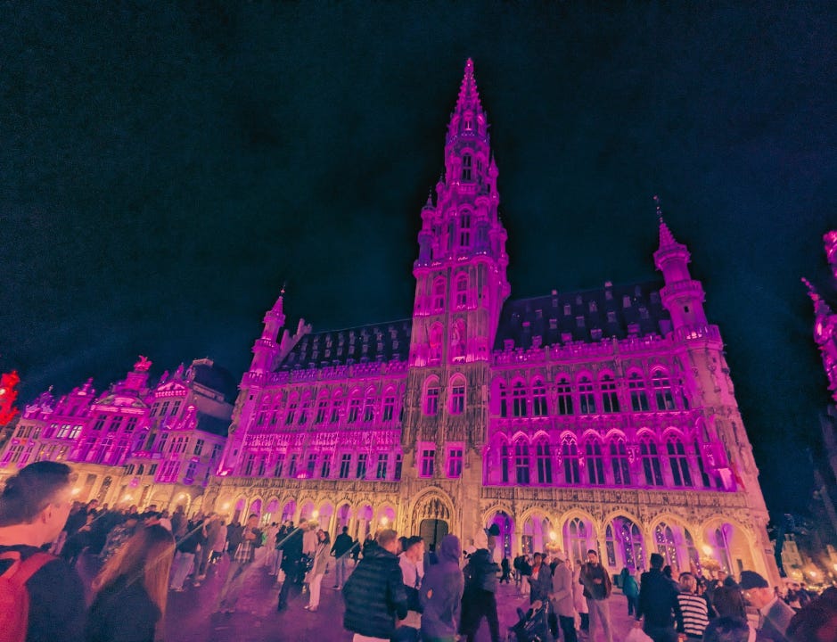 Main square Bussels lit up in purple from Never Lost Letters by Stuart Found Main square Bussels lit up in purple from Never Lost Letters by Stuart Found