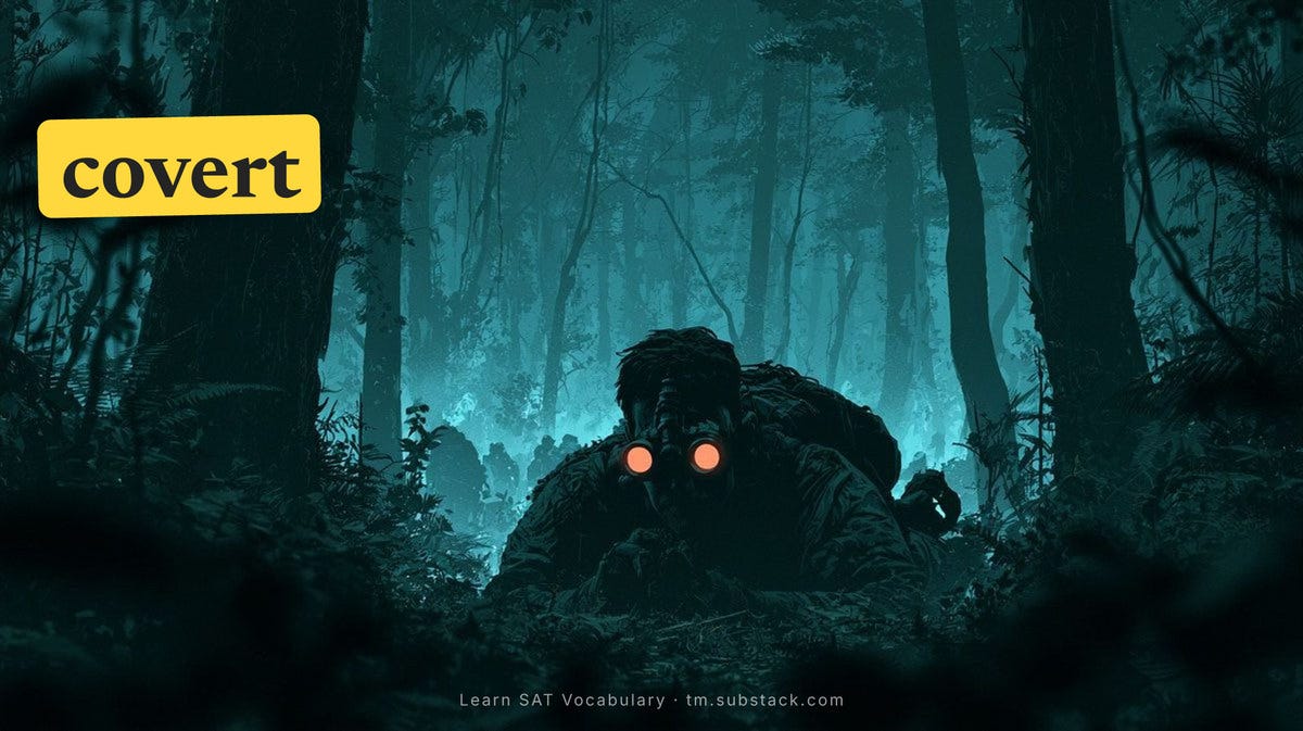  illustration of a soldier crawling through a jungle at night with night vision goggles to illustrate the word "covert"