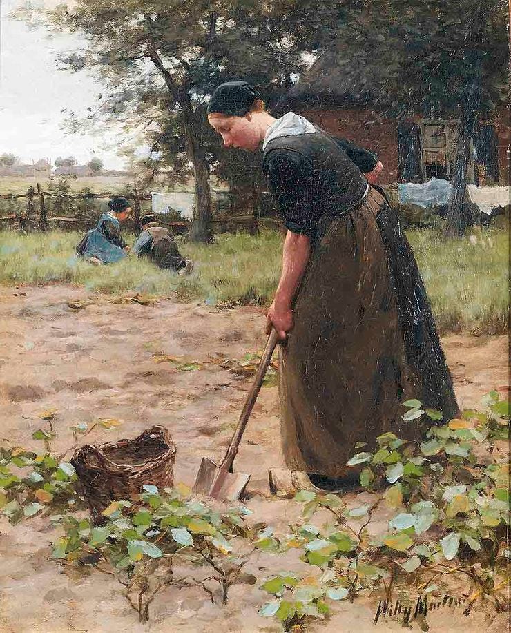 'Aan het werk in de tuin' - olieverf op doek: Willy Martens