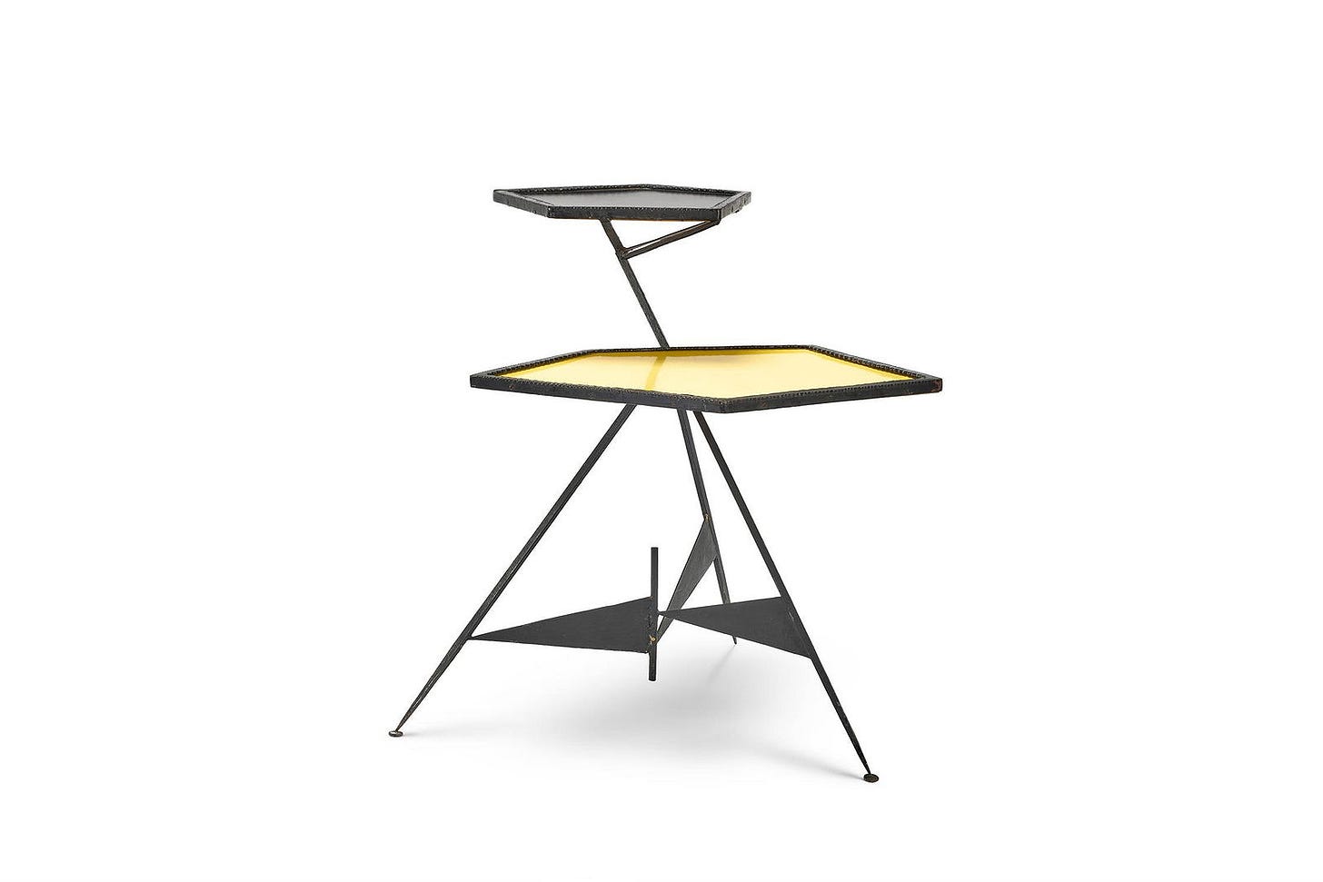 A YELLOW AND BLACK IRON AND LAMINATED WOOD TWO-TIER OCCASIONAL TABLE