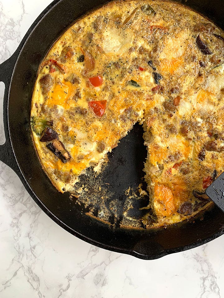 Frittata in a cast iron pan before and after cooking.