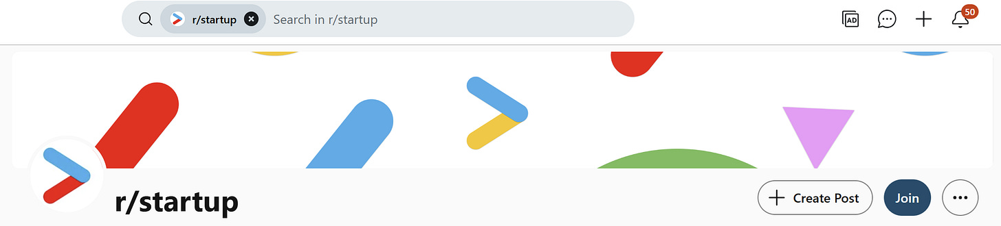 Banner of the r/startup subreddit on Reddit, a smaller but focused startup founder community.
