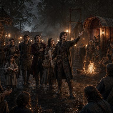 The party disguised as Boris the Architect and his entourage entering the Vistani camp; Boris illusion leading with exaggerated gestures and rolled blueprints; Fleetwood in velvet-and-brass coat, Clarion with blueprint satchel, Silverleaf in surveyor’s mantle, Ezmerelda with monocle and ledger, Greegan as stone-faced foreman, Arabelle as mute apprentice; Vistani watching with mild curiosity around firelight wagons; warm lantern glow, drifting mist, Barovian Gothic atmosphere; original faces with no resemblance to real people