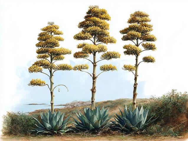 https://s.mj.run/VEPkSjgsZ-I light-pencil, hand-drawn WATERCOLOR ILLUSTRATION OF 3 agave americana (century plant) in bloom --ar 4:3 --v 7 Job ID: e000772c-1542-4651-9f9f-8205d3f65ab6