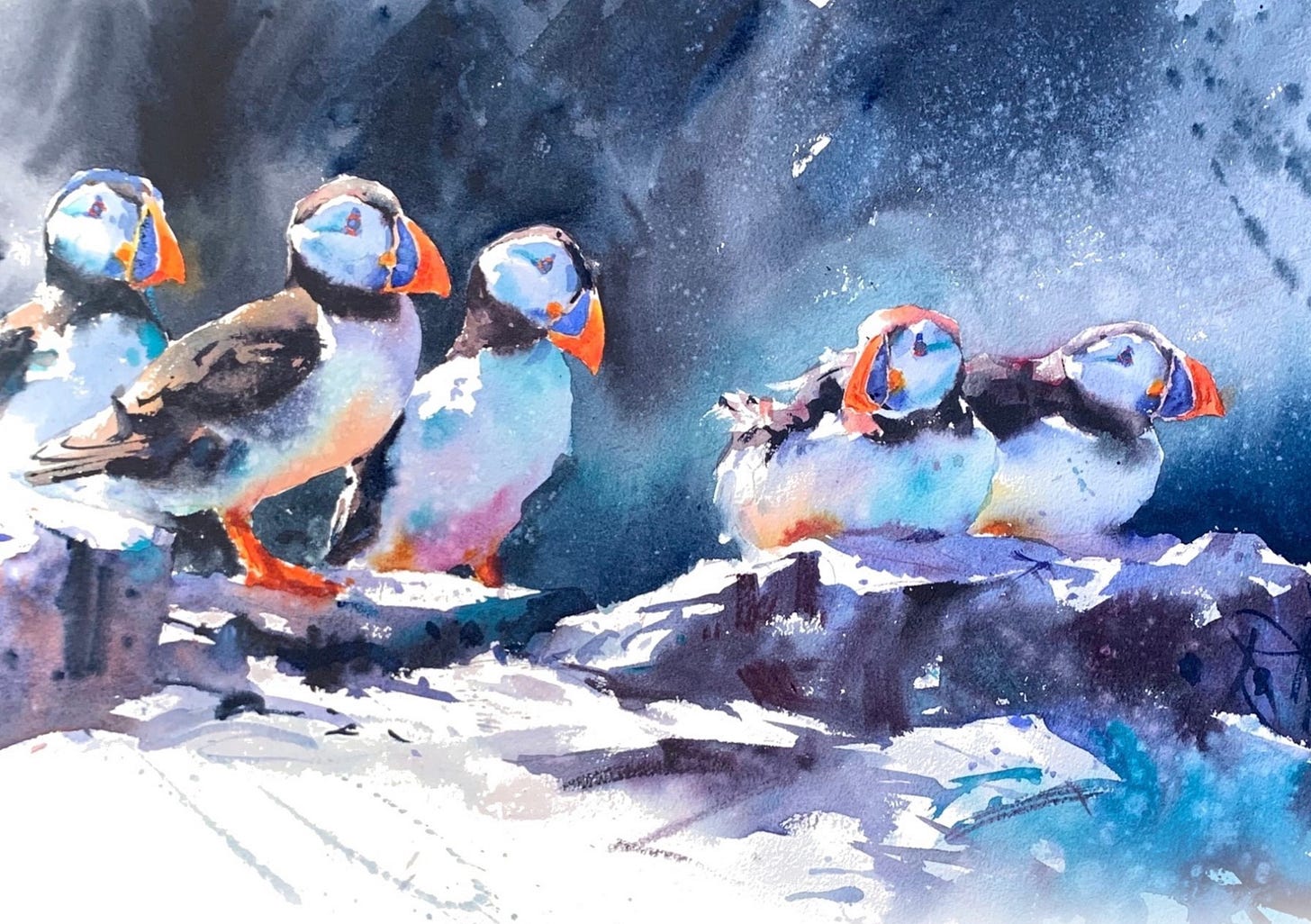 A group of five Puffins on rocks in front of sea spray. painted in watercolour by the artist Tom Shepherd