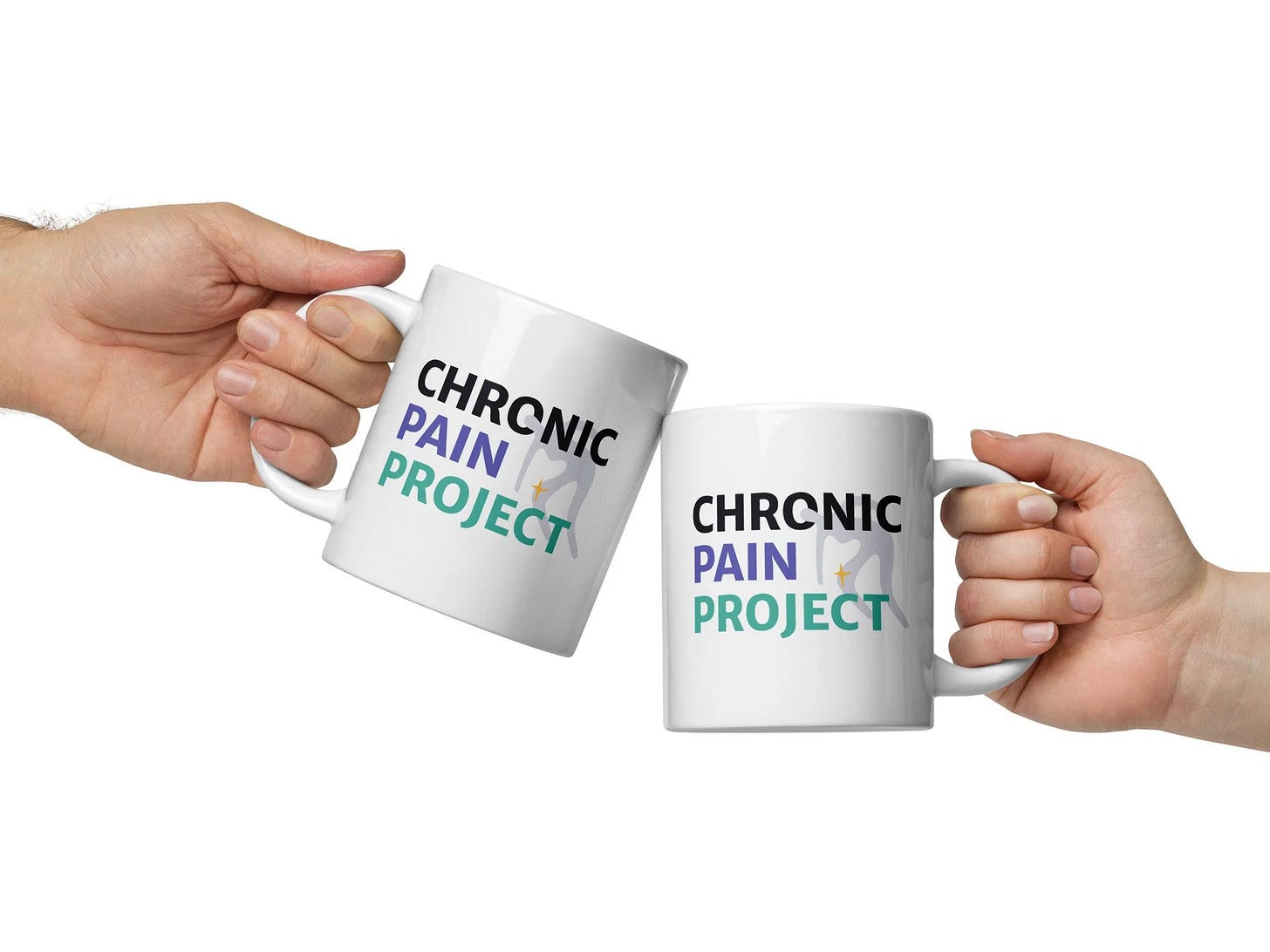 white background with two light-skinned hands holding white coffee mugs that say Chronic Pain Project