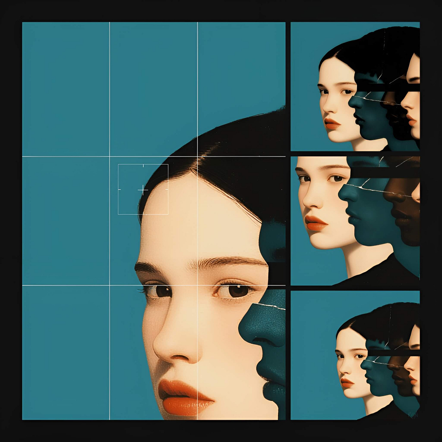 A woman stares forward through a white camera grid on a teal background. To her right, a line of faces in profile—in blue, charcoal-brown, and beige tones—stare ahead. Three right-hand panels zoom in on the eyes and features, with the full group shown in the bottom-right. Black bands and white fractures slice across the profiles.