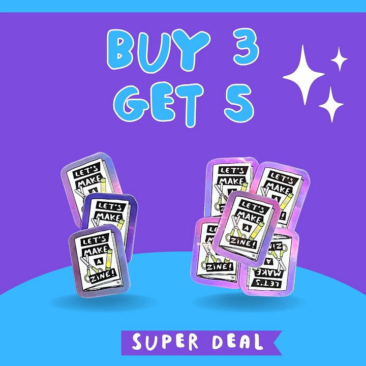 Visuels en français et anglais pour ces deux promotions, avec des photos des autocollants. Charte graphique de ma marque.