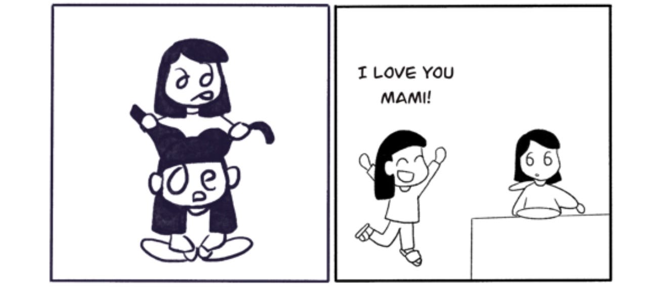 left panel: mami pulling daughter's hair, right panel: daughter saying "I love you Mami!" to mami