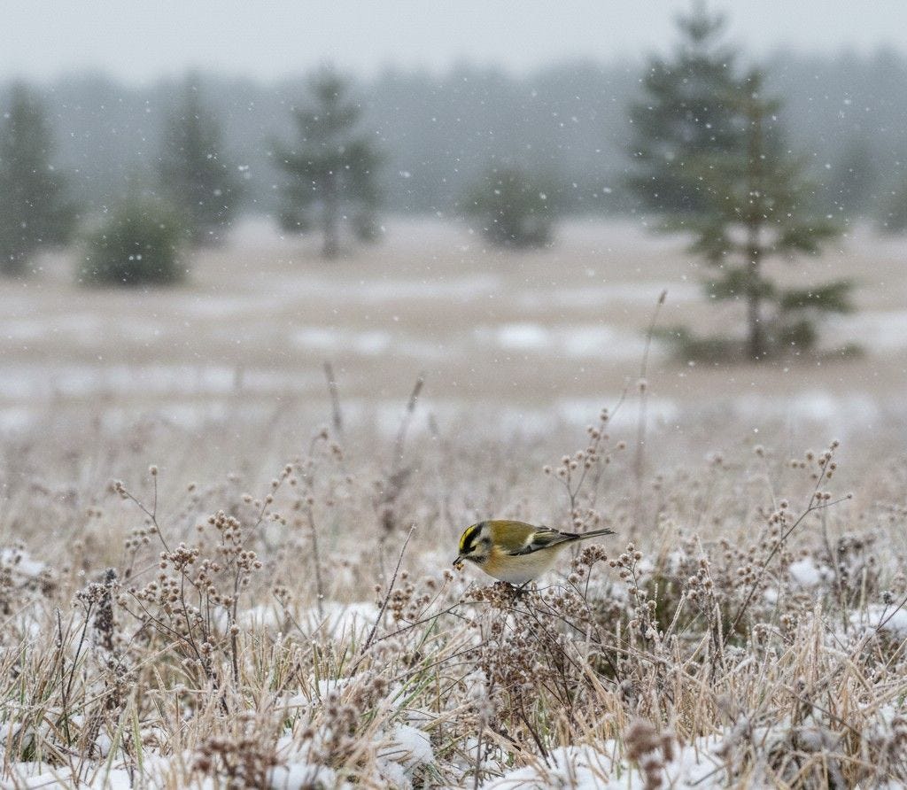 Goldcrest Foraging in the Snow on Edge of Dawlish Park