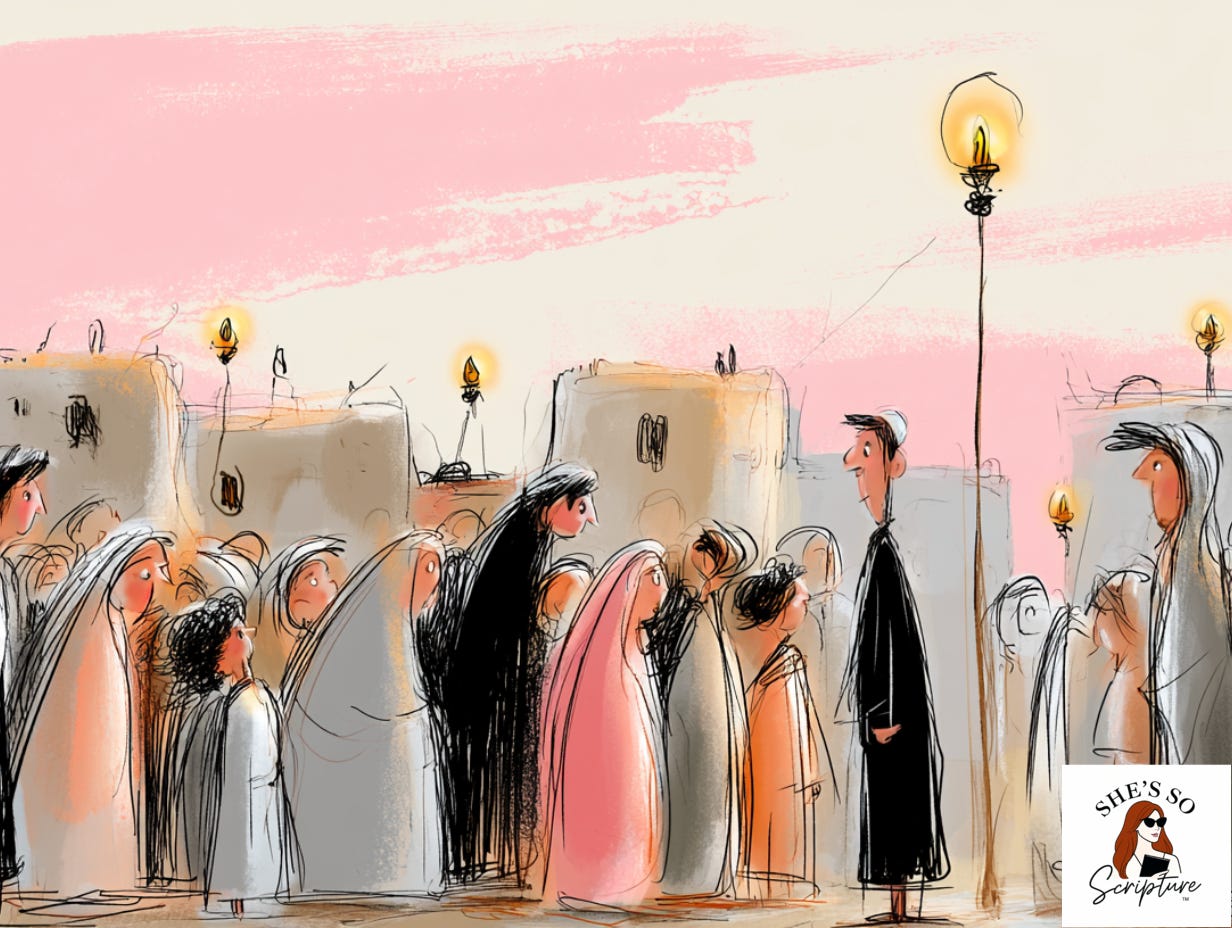Illustrated ancient Jewish community gathered together in a foreign land, warm oil lamp light, robed figures in quiet conversation, blush pink and cream watercolor tones Illustrated ancient Jewish community gathered together in a foreign land, warm oil lamp light, robed figures in quiet conversation, blush pink and cream watercolor tones