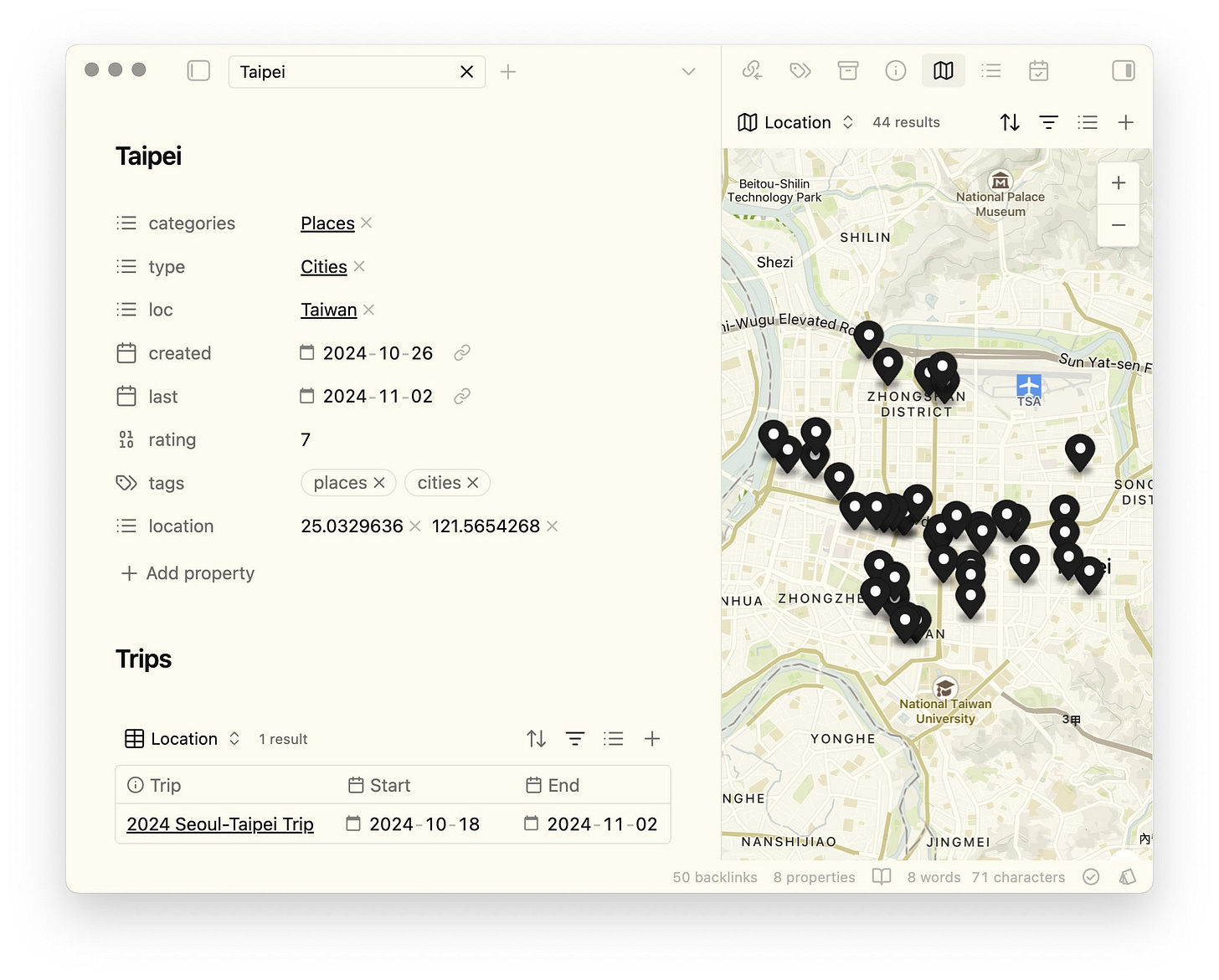 Screenshot of Obsidian showing a map of Taipei made with Bases