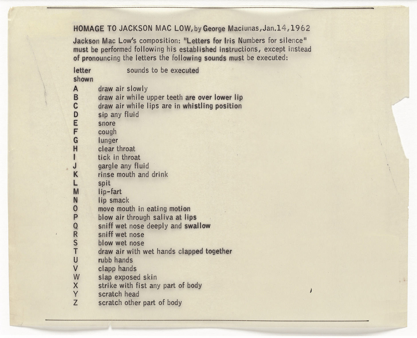 George Maciunas, Homage to Jackson Mac Low, (typewriting and felt-tip pen on transparentized paper), 1962 [MoMA, New York, NY. © George Maciunas]