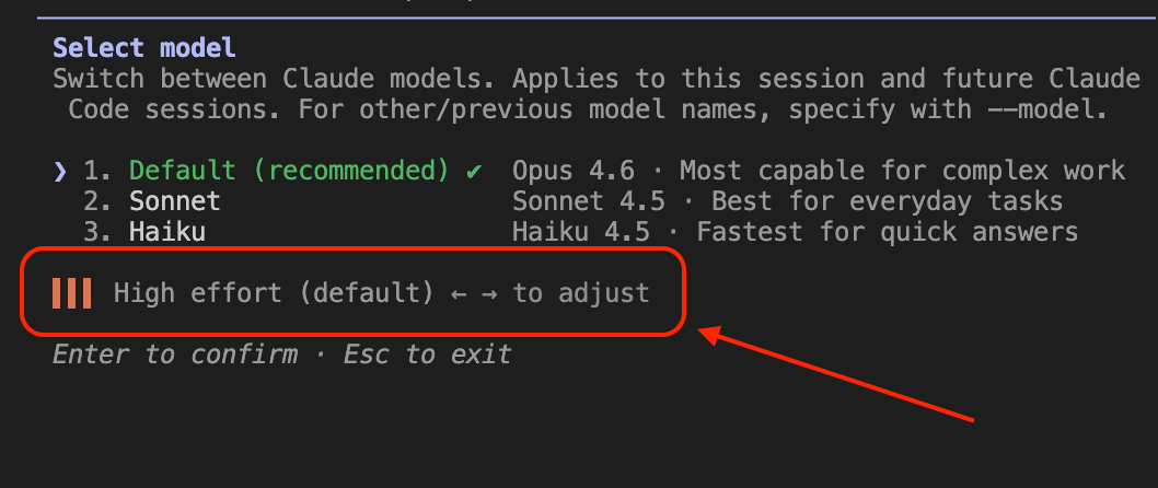 Screenshot of a terminal running Claude Code showing effort setting with Opus 4.6