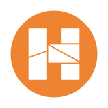 White block styled captial H made up of geographical shapes on an orange circular background.