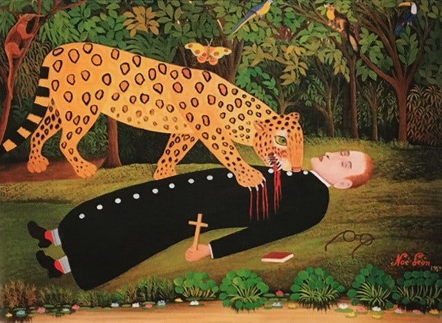 pintura a tinta. no fundo tons de verde e marrom, muitas árvores, retratando uma floresta. em primeiro plano, um padre caído no chão sendo abocanhado por uma onça no coração, de onde verte sangue. no chão, a bíblia e a mão do padre segurando uma cruz