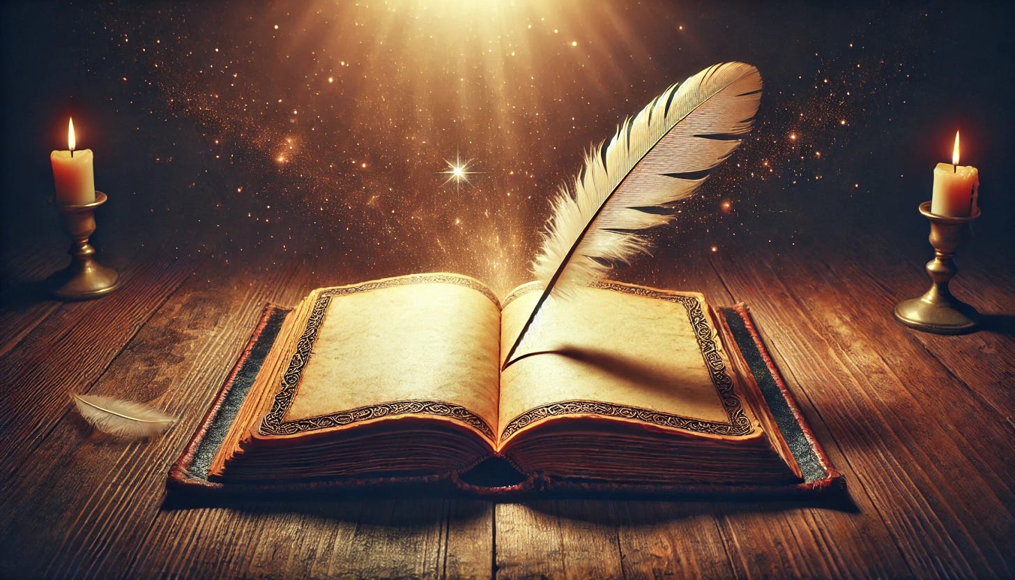A wide, top-down view of an ancient, blank book spread open on a wooden table. A hand holding a feather quill is dynamically poised above the book, about to write the first words of an epic story, yet the pages remain empty. The scene is bathed in a soft, warm, magical glow, illuminating the book and the quill. The background fades into a deep black, evoking an air of mystery and untold tales. The composition features muted warm tones accented by golden highlights, emphasizing the ancient and magical atmosphere.