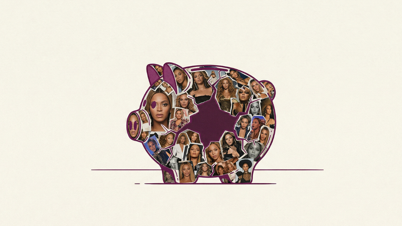 A central, line-art piggy bank in purple and beige is fractured across its side, with dozens of tiny photographs of Beyoncé’s face visible through the cracks, layered inside like a collage and spilling out onto the surrounding surface.