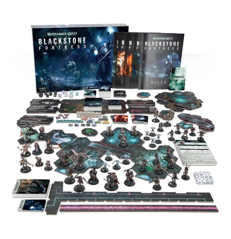 Warhammer Quest: Blackstone Fortress, displaying all of its many, many pieces