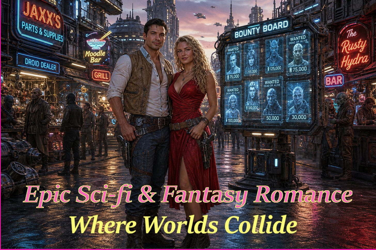 Promotional banner for Epic Sci-fi & Fantasy Romance: Where Worlds Collide, featuring an armed couple in a neon-lit futuristic marketplace beside a holographic bounty board.