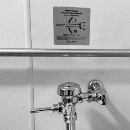 Diptych, Black & White: Woman at computer in chair surrounded by books and a toilet handle with instructions: Up or Down?