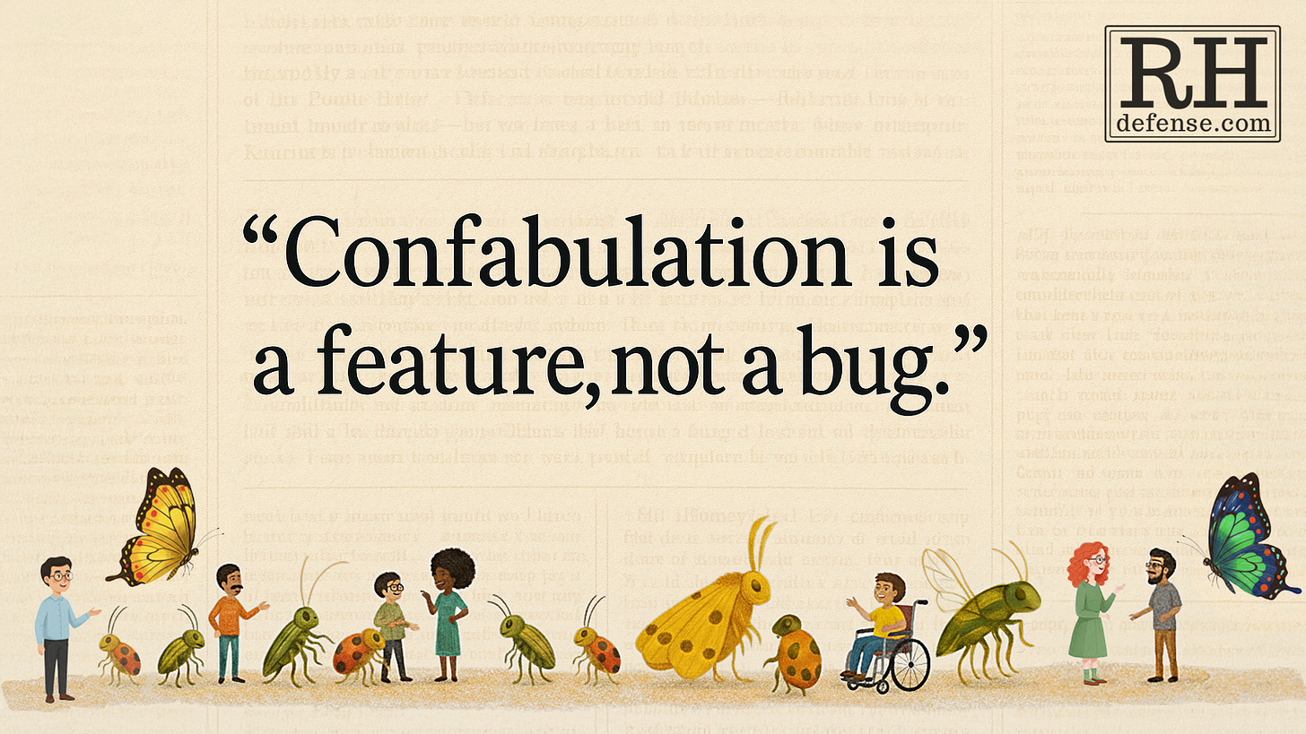 Illustration showing diverse people of different ages and abilities standing alongside various insects and butterflies, with the quote 'Confabulation is a feature, not a bug' displayed above them on a cream background. Illustration showing diverse people of different ages and abilities standing alongside various insects and butterflies, with the quote 'Confabulation is a feature, not a bug' displayed above them on a cream background.