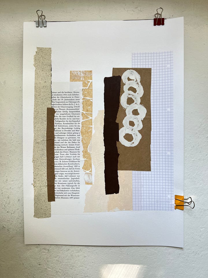 Mixed media collage in a sketchbook and a larger collage on A3 paper