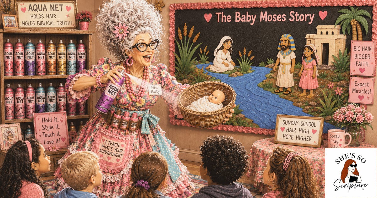 Whimsical illustration of Miss Patty, a Sunday school teacher with enormous teased white hair and cat-eye glasses, spraying Aqua Net with one hand while holding a wicker basket with baby Moses in the other. Children watch as she teaches in front of a Baby Moses Story bulletin board showing the Nile scene, surrounded by shelves of hairspray cans and pink signs reading "Big Hair. Bigger Faith." Whimsical illustration of Miss Patty, a Sunday school teacher with enormous teased white hair and cat-eye glasses, spraying Aqua Net with one hand while holding a wicker basket with baby Moses in the other. Children watch as she teaches in front of a Baby Moses Story bulletin board showing the Nile scene, surrounded by shelves of hairspray cans and pink signs reading "Big Hair. Bigger Faith."
