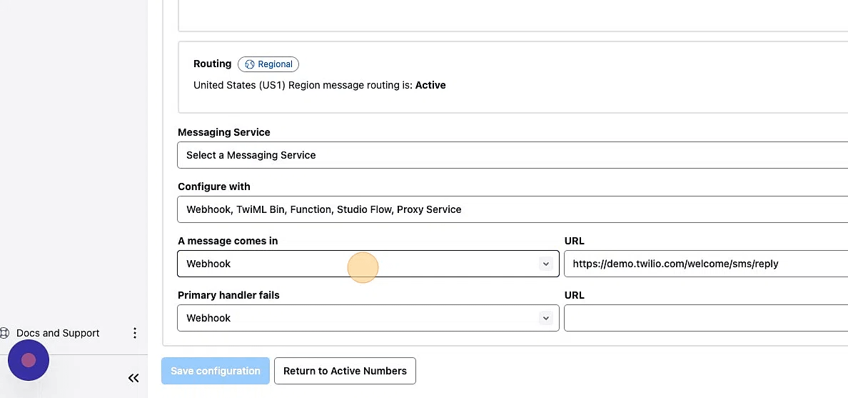 Screenshot of: On the phone number's configuration screen, scroll down towards the "Mesaging Configuration" section, click the dropdown with the title "A message comes in"
In the dropdown menu, select "Studio Flow" and on the immediate right click "Appointment Setting Chatbot" to connect this phone number to the chatbot you just created. Screenshot of: On the phone number's configuration screen, scroll down towards the "Mesaging Configuration" section, click the dropdown with the title "A message comes in"
In the dropdown menu, select "Studio Flow" and on the immediate right click "Appointment Setting Chatbot" to connect this phone number to the chatbot you just created.