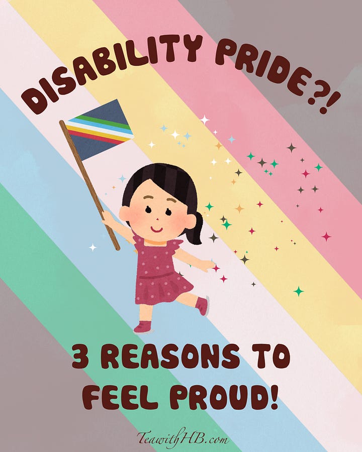 Colorful disability pride post featuring the text "Disability Pride?! 3 Reasons to Feel Proud!" with an illustration of a young girl holding the disability pride flag. Slide 2: Illustration of a smiling woman holding a sign that reads "You are part of creating a better world for future disabled people by asking for help and raising awareness!" Surrounded by diverse illustrated characters including an elderly man with a cane, a chronically ill girl running, a baby, a woman with crutches, a person in a wheelchair, and a service dog. Slide 3: Illustration of a female painter at an easel with text reading "You belong to an incredible community of... imaginative, resilient, and creative people!" Slide 4: Illustration showing a laptop, a girl waving the disability pride flag in bed, using a screen reader. Text reads "You exist in a world that is not designed for you. That is something to be proud of every day of every month!"