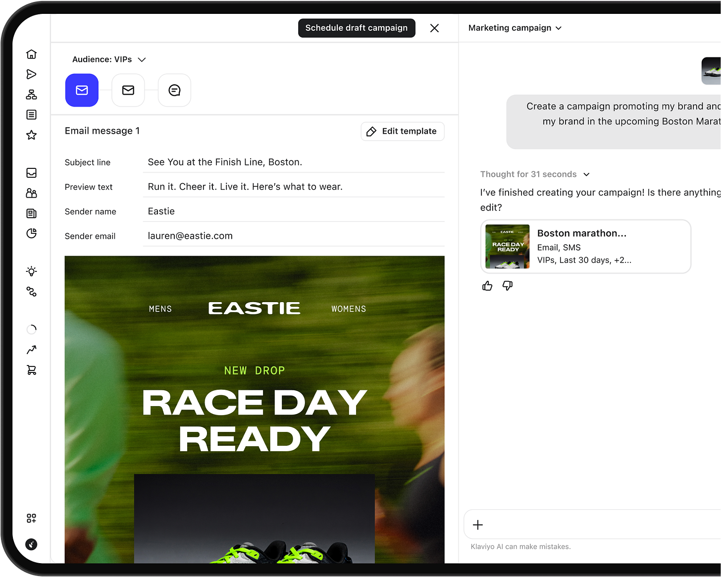 Klaviyo Composer AI interface showing campaign generation from a single text prompt