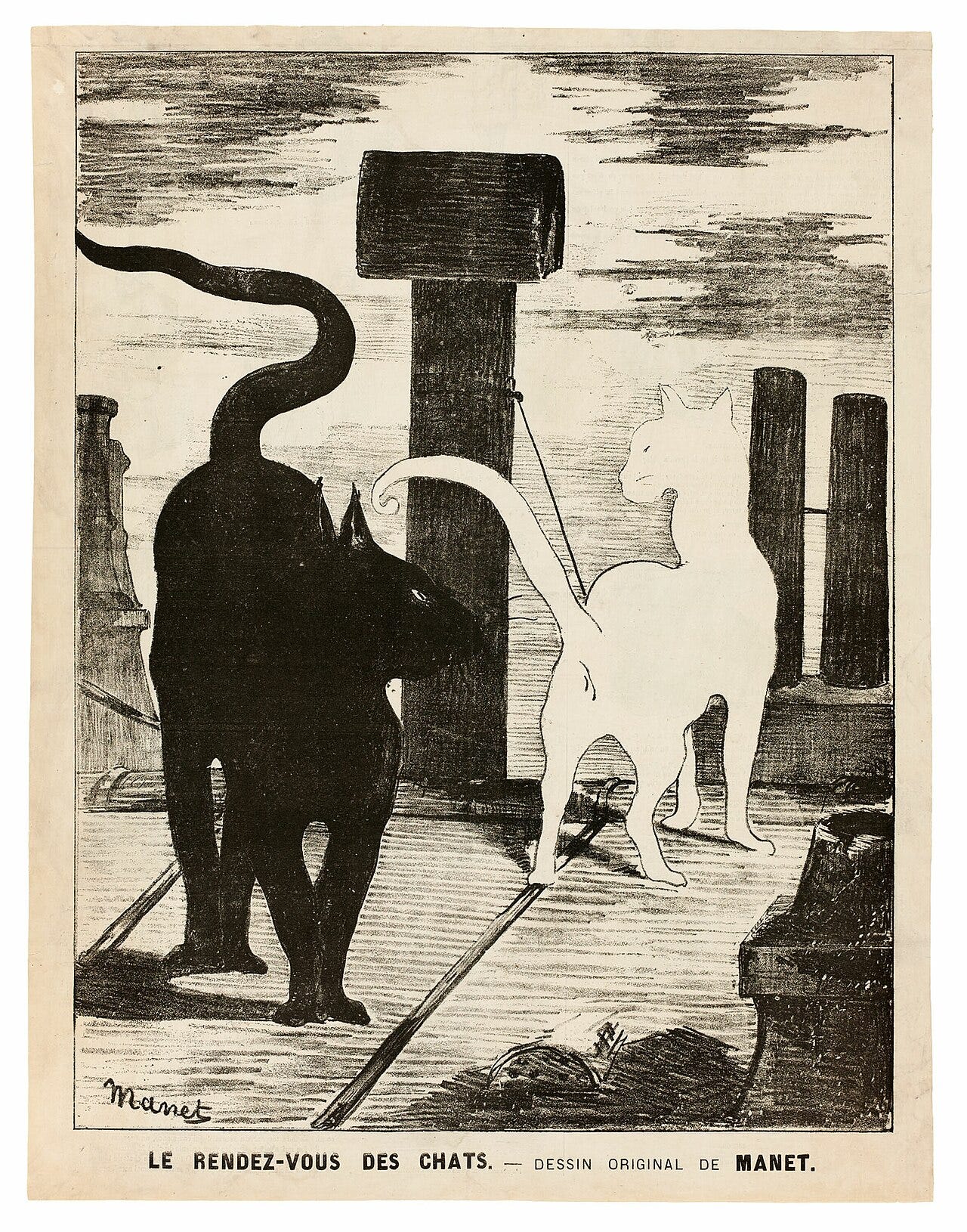 A black cat and a white cat meet on a moonlit rooftop in a stark print A black cat and a white cat meet on a moonlit rooftop in a stark print