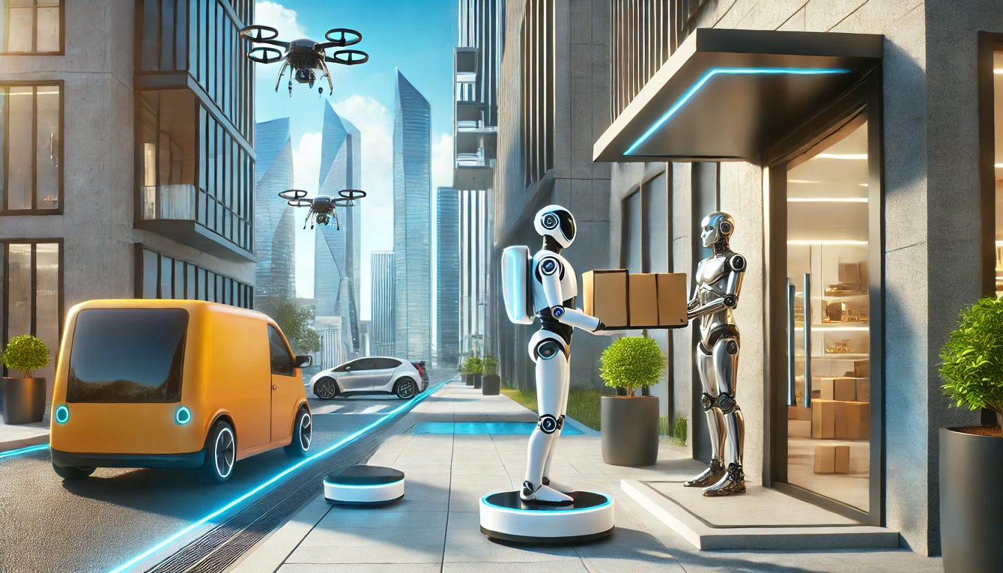 A futuristic shopping scene in a vibrant, urban environment: a robot standing at a modern front door receiving a package from a sleek delivery robot. The setting includes futuristic architecture, clean lines, and advanced technology such as drones flying in the background and automated vehicles on the streets. The atmosphere is bright and optimistic, showcasing a seamless integration of robotics into everyday life.