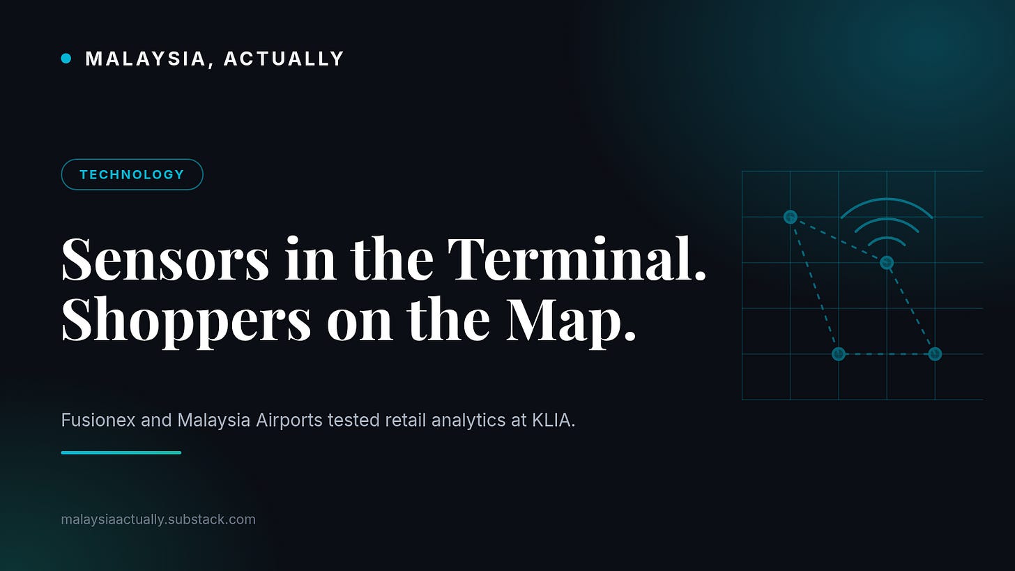 Cyan title card reading Sensors in the Terminal. Shoppers on the Map., with a floor plan grid, signal arcs and the Malaysia, Actually masthead Cyan title card reading Sensors in the Terminal. Shoppers on the Map., with a floor plan grid, signal arcs and the Malaysia, Actually masthead