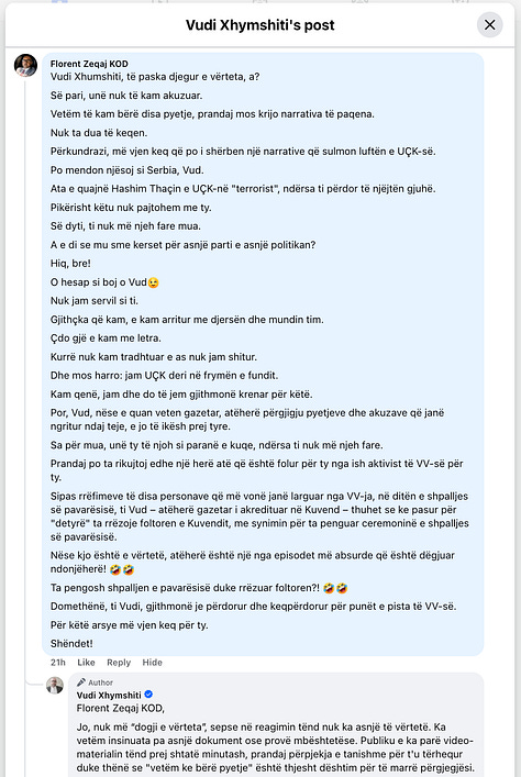 Shkëmbime komentes ndërmjet Vudi Xhymshitit dhe Florent Zeqajt të regjistruara nga redaksia jonë në Facebook, 8-9-Korrik 2026.